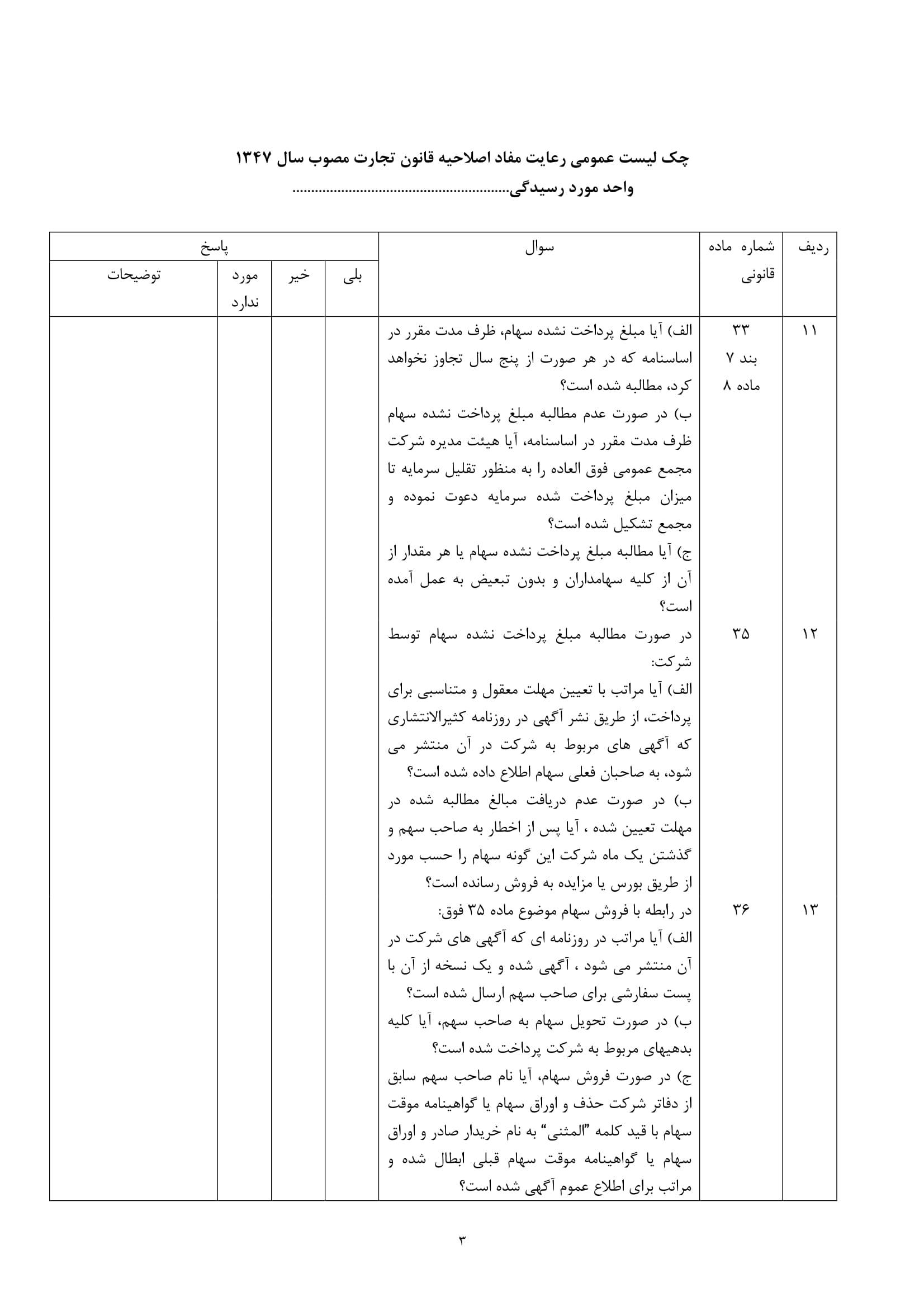 فرم های چک لیست عمومی رعایت مفاد اصلاحیه قانون تجارت مصوب سال 1347-3