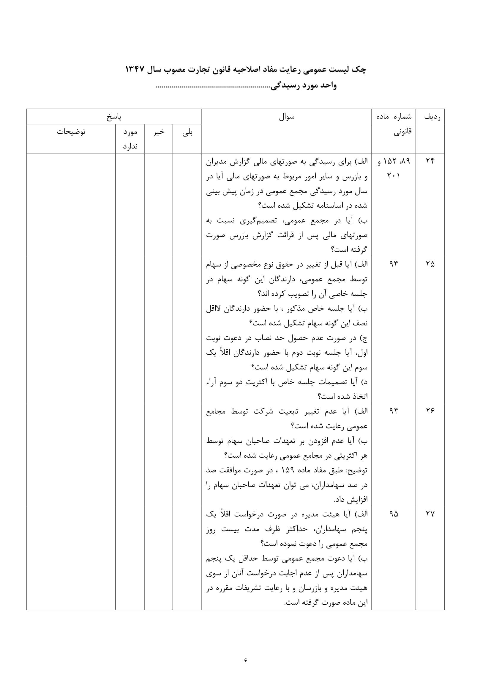 فرم های چک لیست عمومی رعایت مفاد اصلاحیه قانون تجارت مصوب سال 1347-6