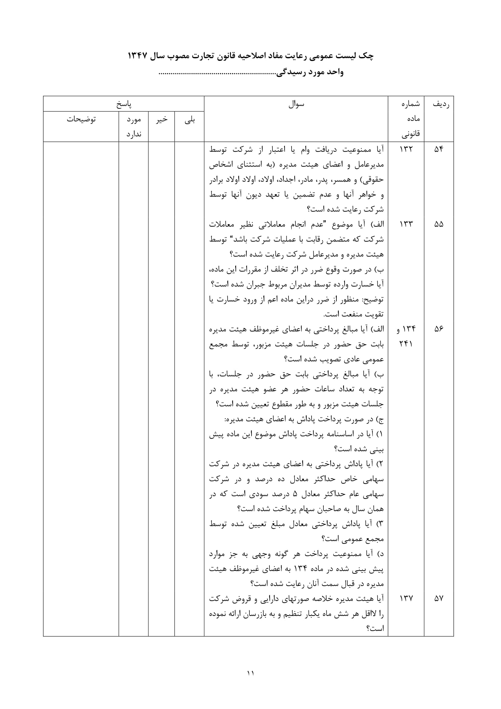 فرم های چک لیست عمومی رعایت مفاد اصلاحیه قانون تجارت مصوب سال 1347-11