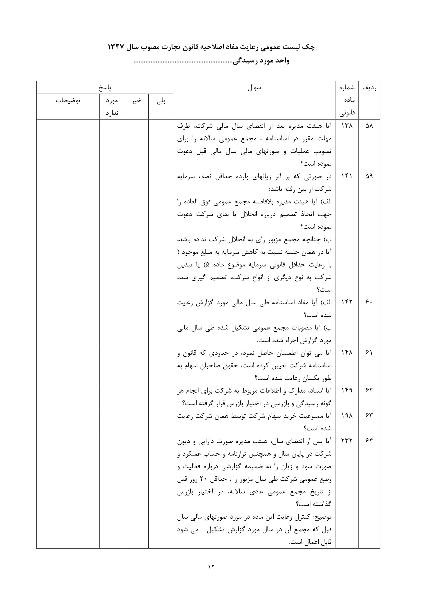 فرم های چک لیست عمومی رعایت مفاد اصلاحیه قانون تجارت مصوب سال 1347-12