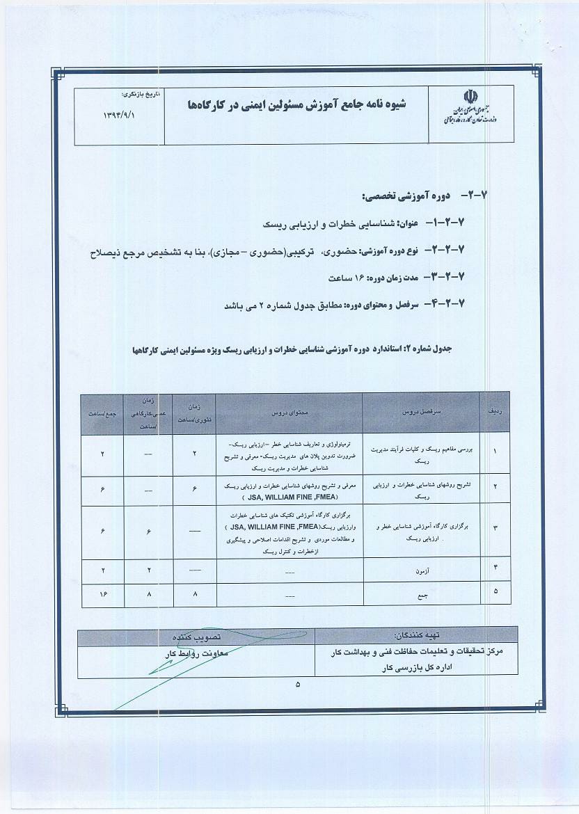 بخشنامه شماره 175824 " شیوه نامه جامع آموزش مسئولین ایمنی در کارگاه ها و فرایند طی دوره آموزشی جهت اخذ تایید صلاحیت مسئولین ایمنی"-6